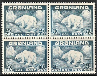 FRIMÆRKER GRØNLAND | 1946 - AFA 27 - Isbjørn - 40 øre blå i 4-blok - Postfrisk (obs. lille rustplet i lim.)